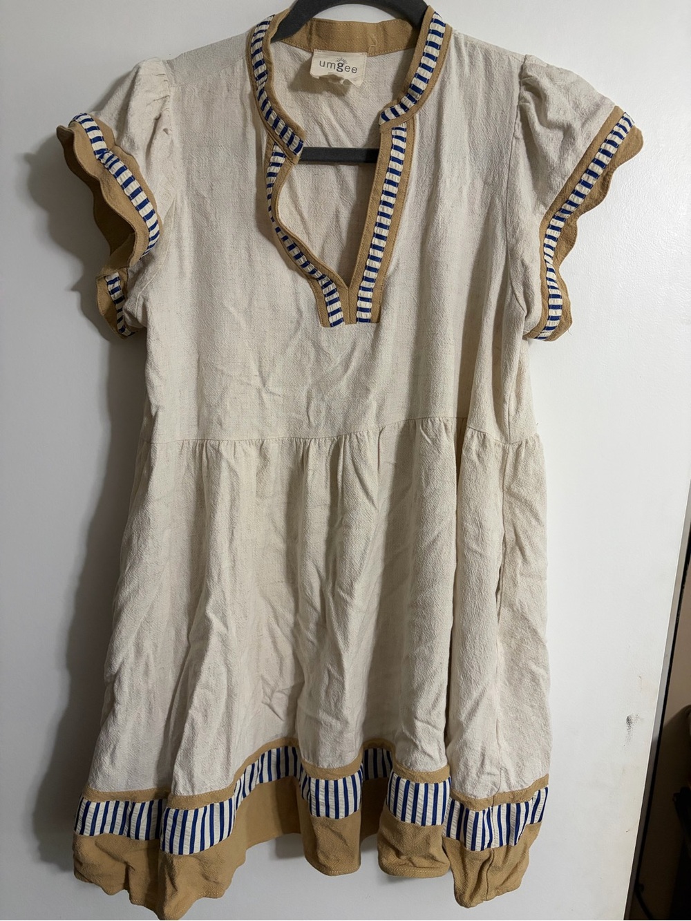 Umgee Cream Tiered Dress with Mustard & Navy Trim